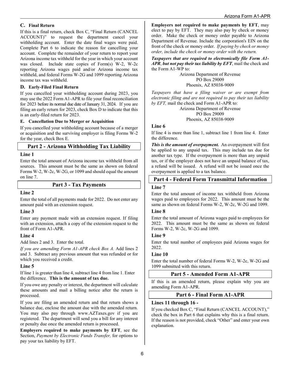 Download Instructions for Arizona Form A1APR, ADOR10939 Arizona Annual