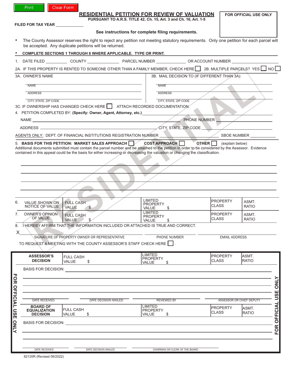 Form 82130R Residential Petition for Review of Valuation - Arizona, Page 3