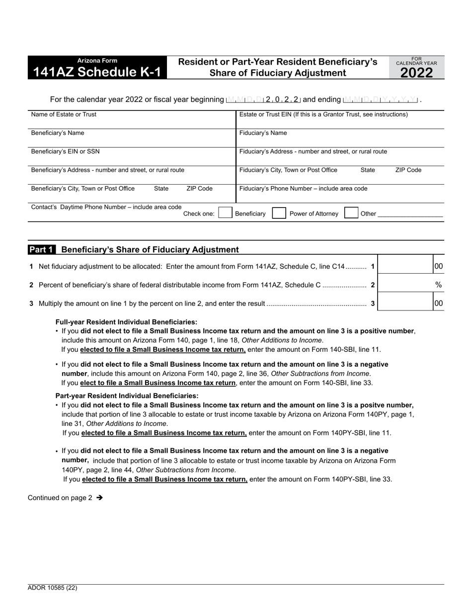 Arizona Form 141AZ (ADOR10585) Schedule K-1 Resident or Part-Year Resident Beneficiarys Share of Fiduciary Adjustment - Arizona, Page 1