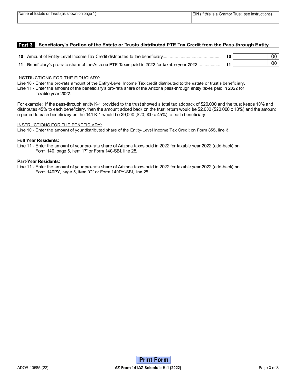 Arizona Form 141AZ (ADOR10585) Schedule K-1 Resident or Part-Year Resident Beneficiarys Share of Fiduciary Adjustment - Arizona, Page 3