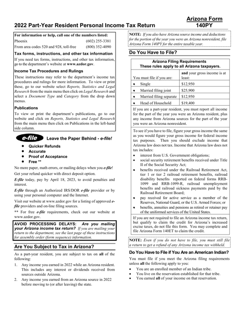 Instructions for Arizona Form 140PY, ADOR10149 Part-Year Resident Personal Income Tax Return - Arizona, 2022
