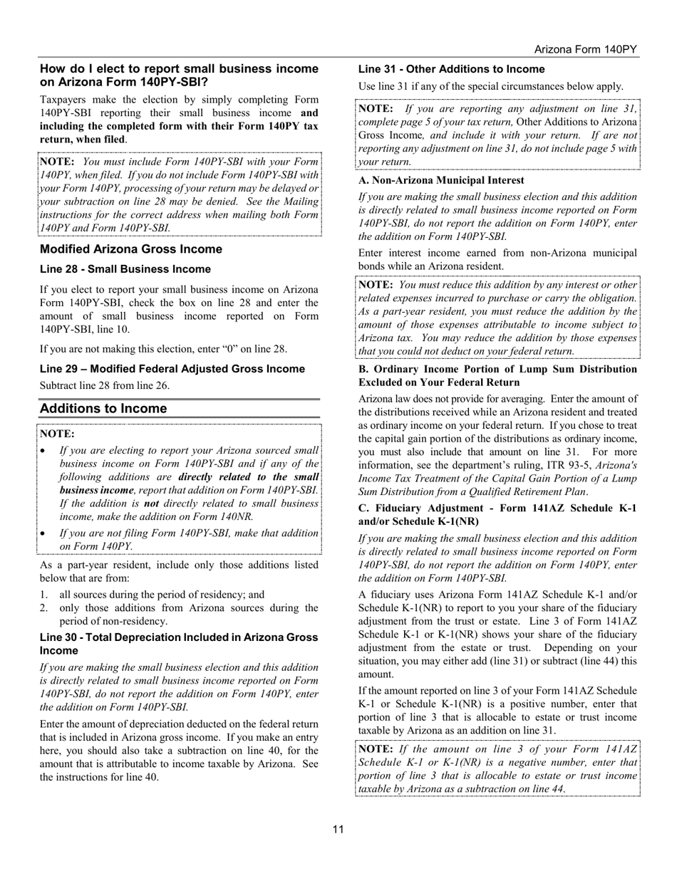 Instructions for Arizona Form 140PY, ADOR10149 Part-Year Resident Personal Income Tax Return - Arizona, Page 11
