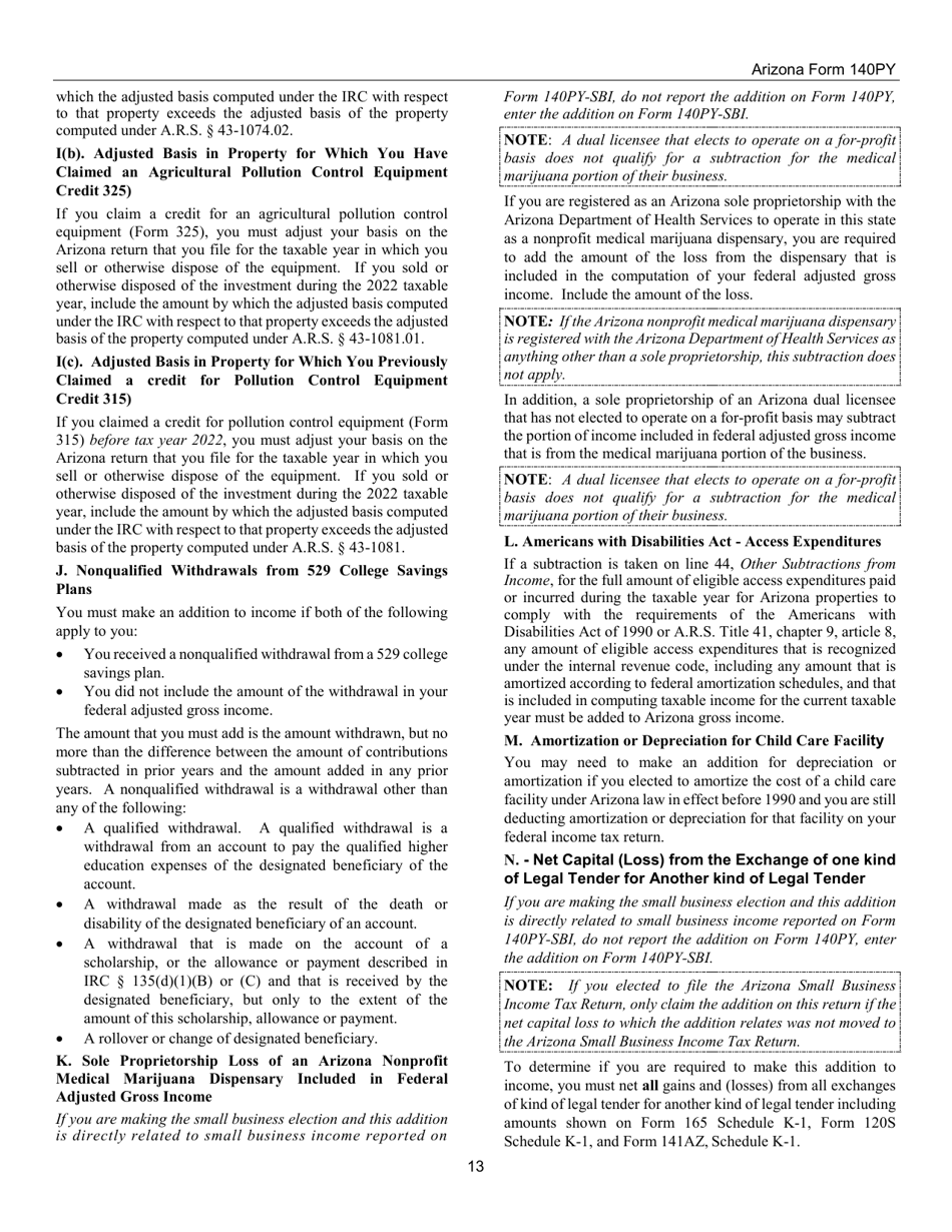 Instructions for Arizona Form 140PY, ADOR10149 Part-Year Resident Personal Income Tax Return - Arizona, Page 13