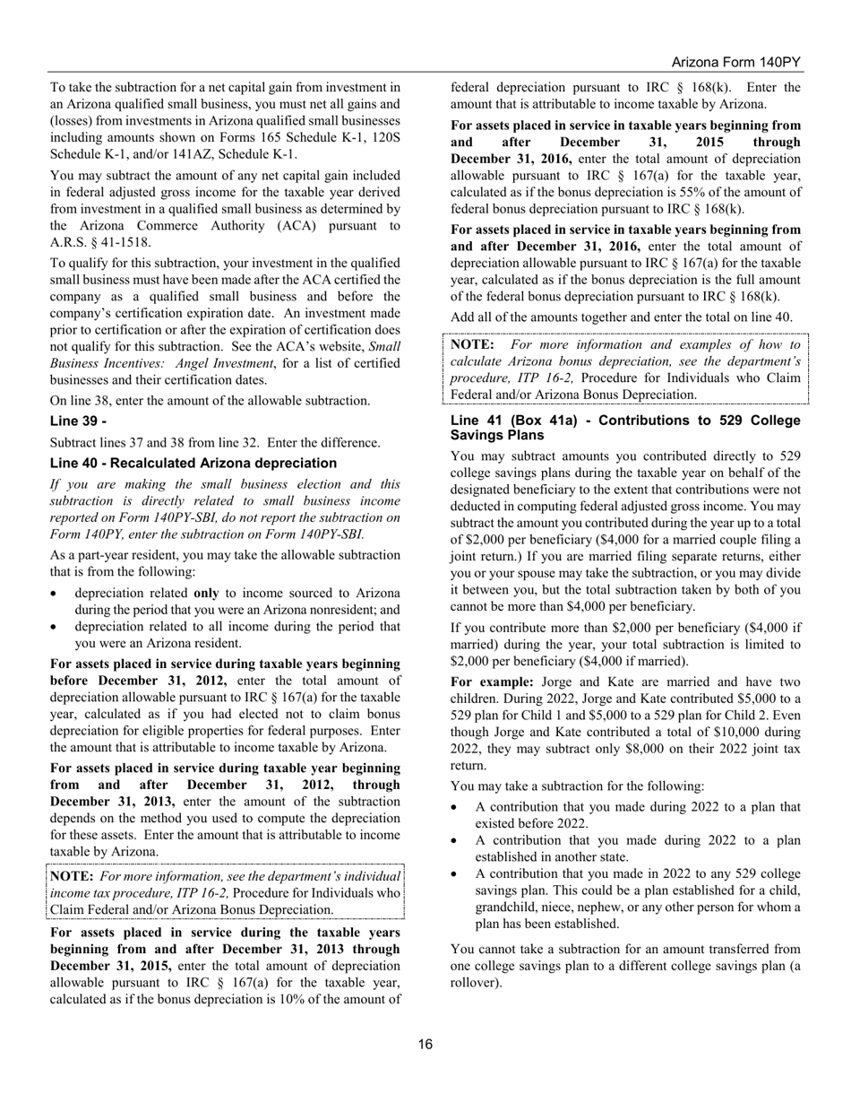 Instructions for Arizona Form 140PY, ADOR10149 Part-Year Resident Personal Income Tax Return - Arizona, Page 16