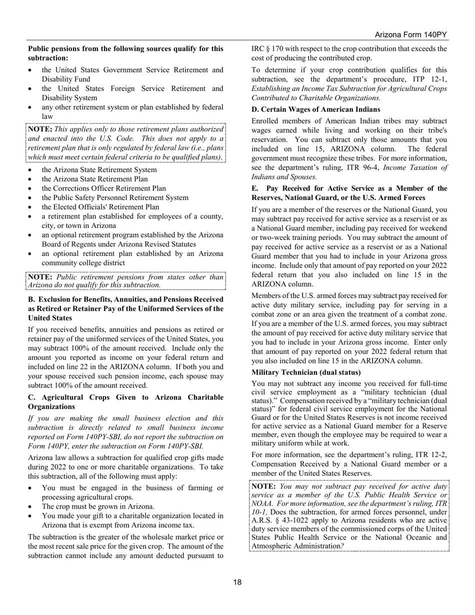 Instructions for Arizona Form 140PY, ADOR10149 Part-Year Resident Personal Income Tax Return - Arizona, Page 18