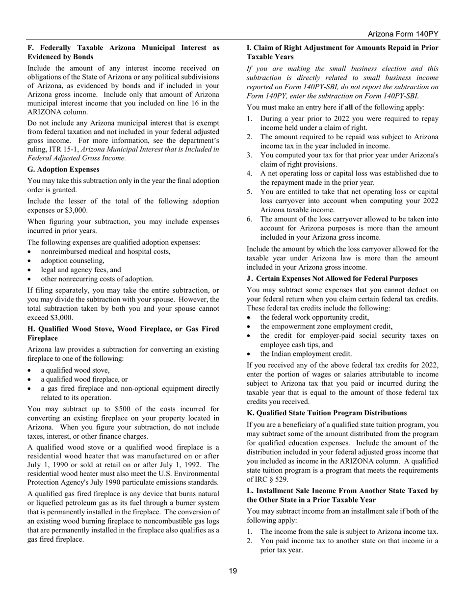 Instructions for Arizona Form 140PY, ADOR10149 Part-Year Resident Personal Income Tax Return - Arizona, Page 19