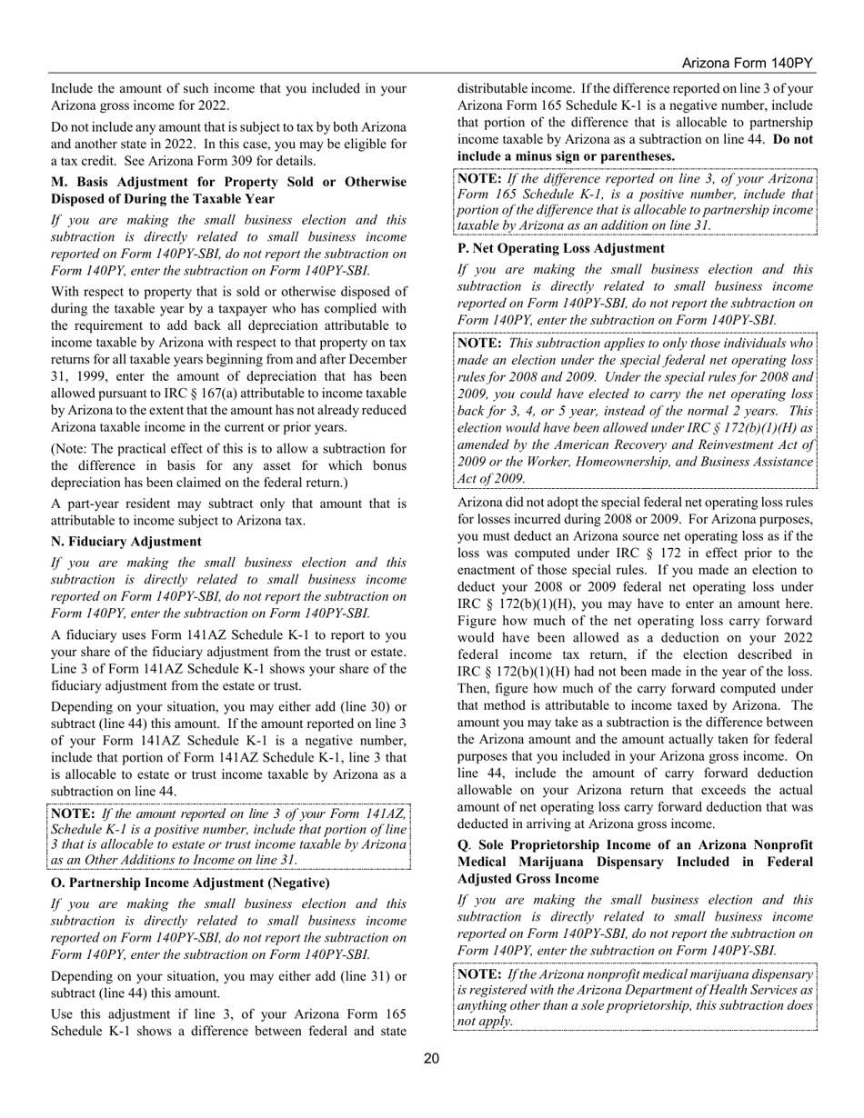 Instructions for Arizona Form 140PY, ADOR10149 Part-Year Resident Personal Income Tax Return - Arizona, Page 20