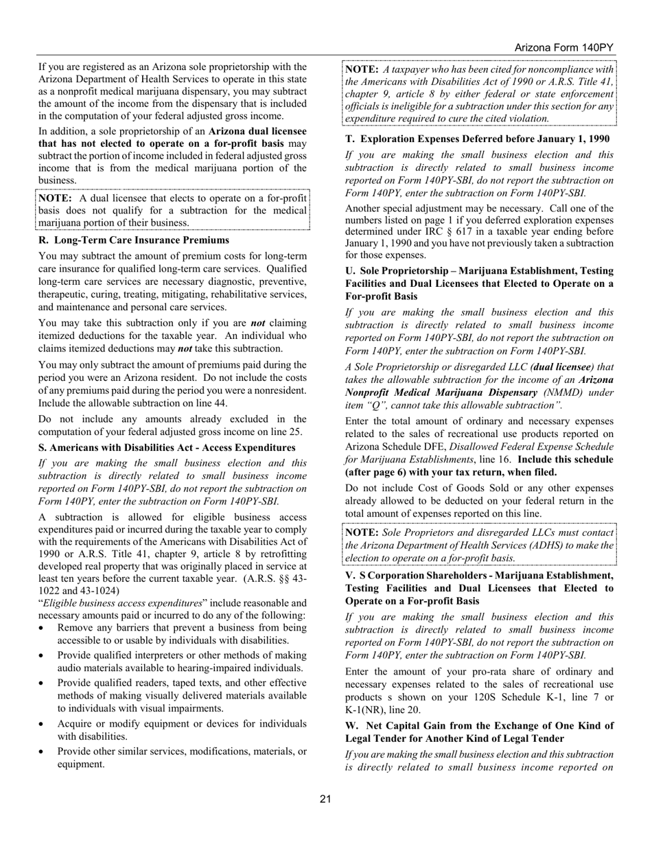 Instructions for Arizona Form 140PY, ADOR10149 Part-Year Resident Personal Income Tax Return - Arizona, Page 21