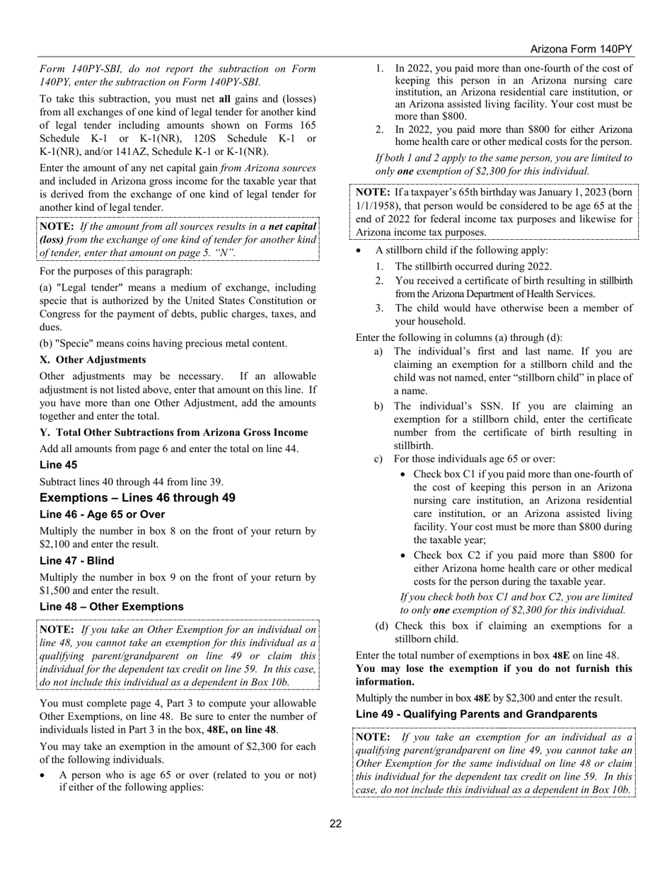 Instructions for Arizona Form 140PY, ADOR10149 Part-Year Resident Personal Income Tax Return - Arizona, Page 22