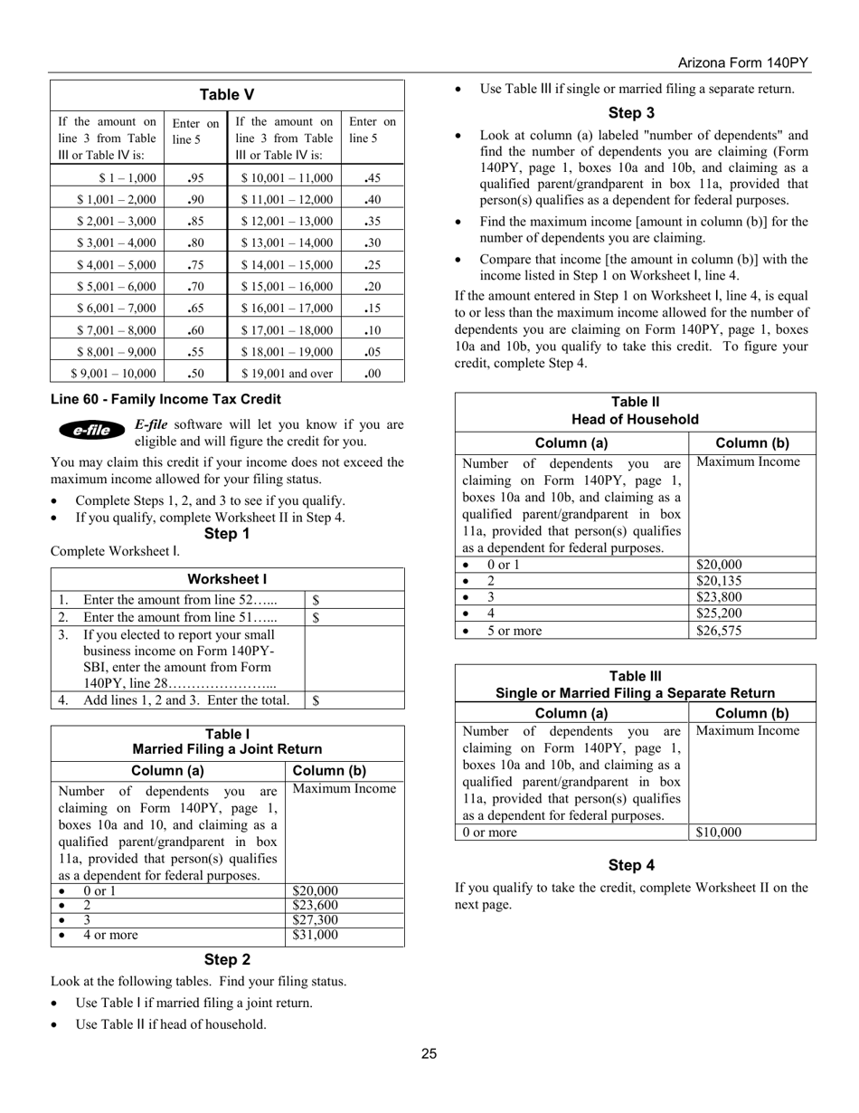 Instructions for Arizona Form 140PY, ADOR10149 Part-Year Resident Personal Income Tax Return - Arizona, Page 25