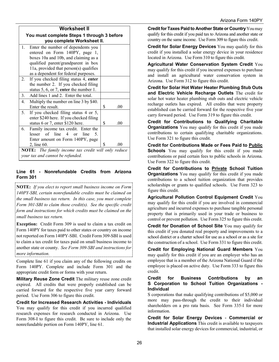 Instructions for Arizona Form 140PY, ADOR10149 Part-Year Resident Personal Income Tax Return - Arizona, Page 26
