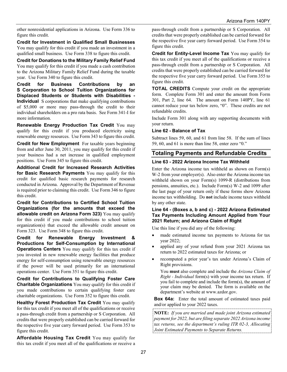 Instructions for Arizona Form 140PY, ADOR10149 Part-Year Resident Personal Income Tax Return - Arizona, Page 27