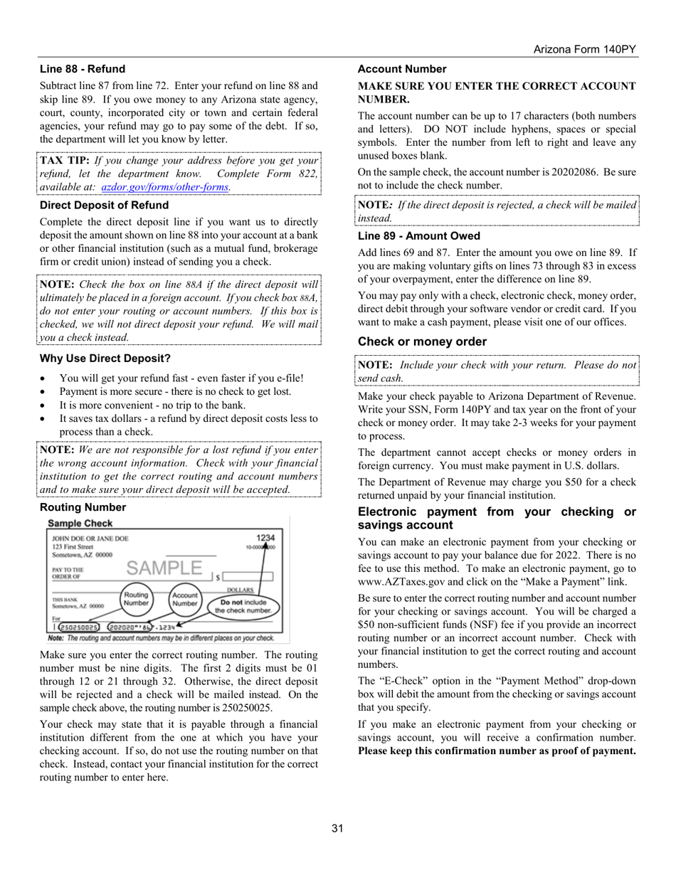 Instructions for Arizona Form 140PY, ADOR10149 Part-Year Resident Personal Income Tax Return - Arizona, Page 31