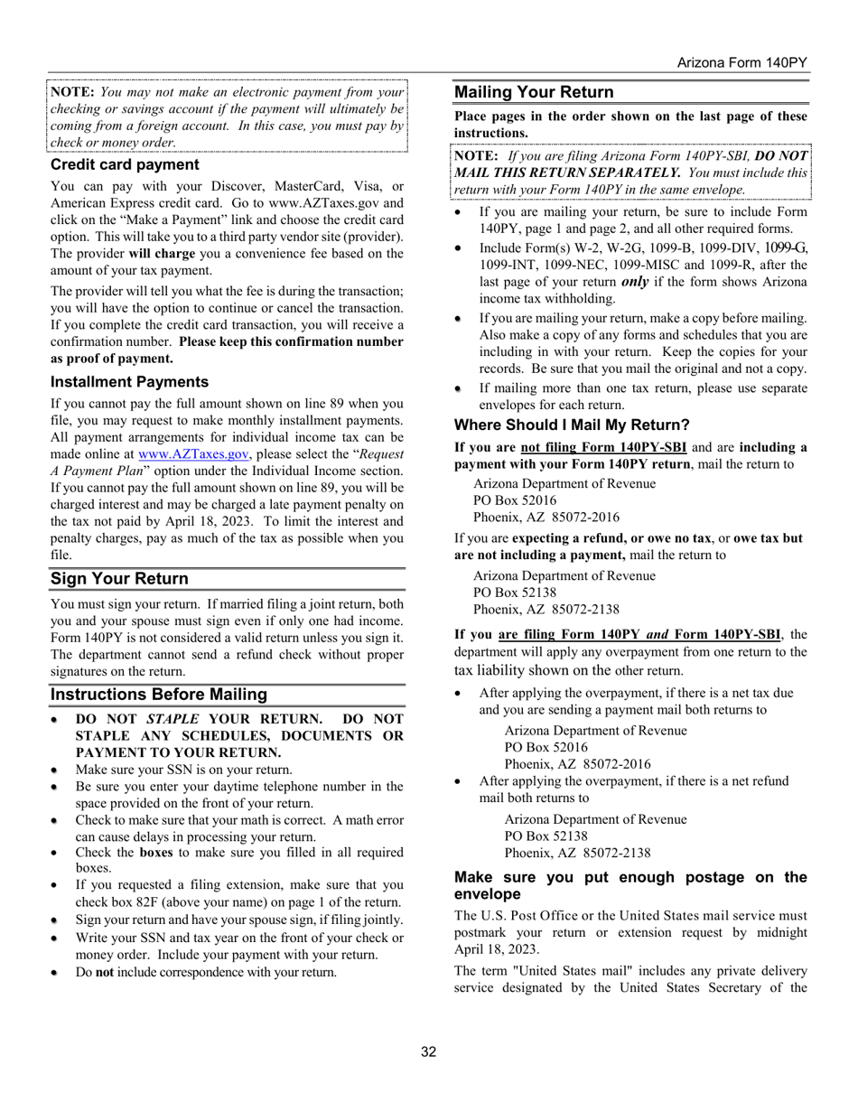 Instructions for Arizona Form 140PY, ADOR10149 Part-Year Resident Personal Income Tax Return - Arizona, Page 32