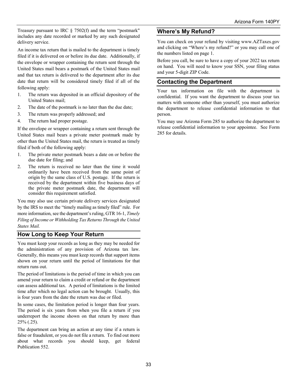 Instructions for Arizona Form 140PY, ADOR10149 Part-Year Resident Personal Income Tax Return - Arizona, Page 33