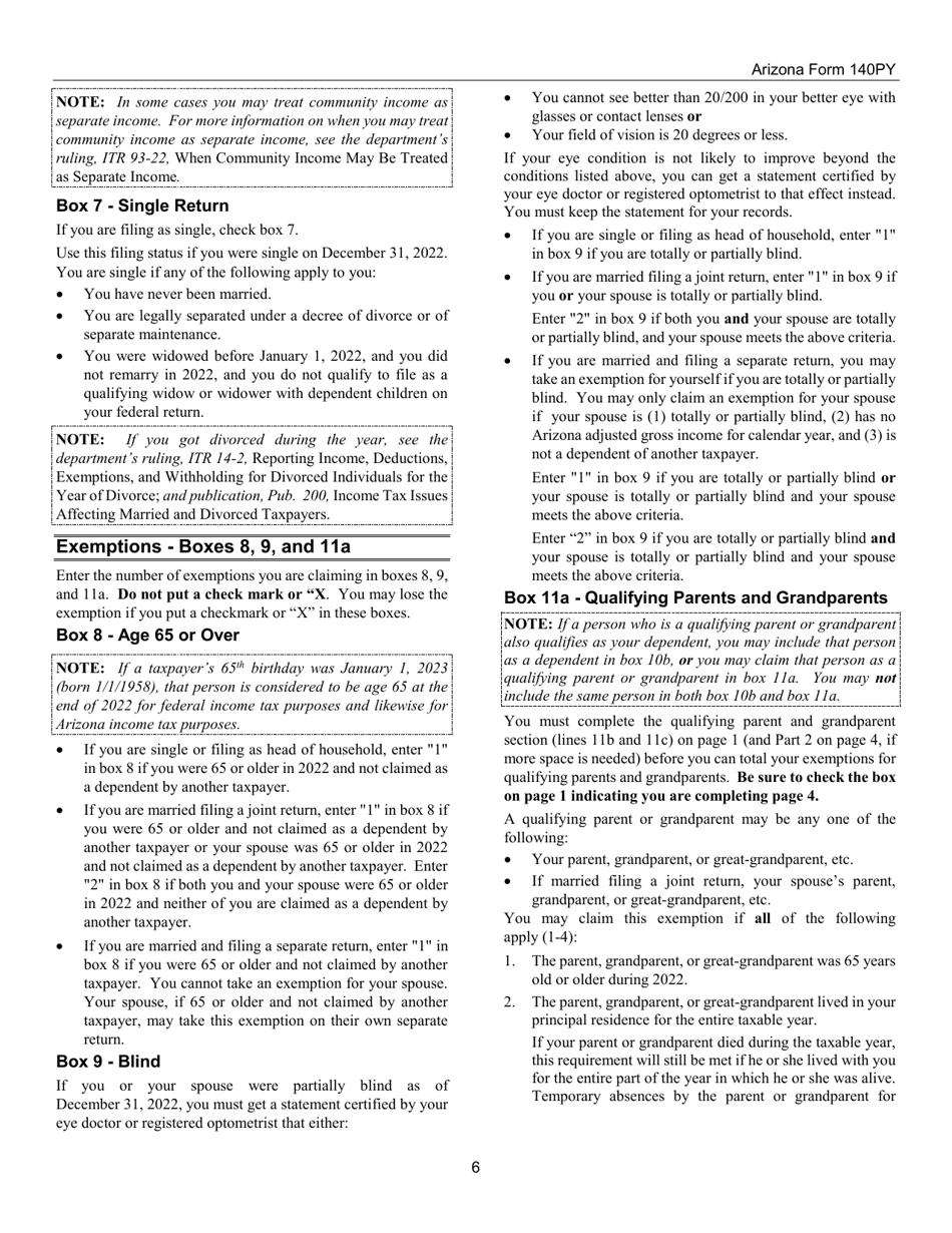 Instructions for Arizona Form 140PY, ADOR10149 Part-Year Resident Personal Income Tax Return - Arizona, Page 6