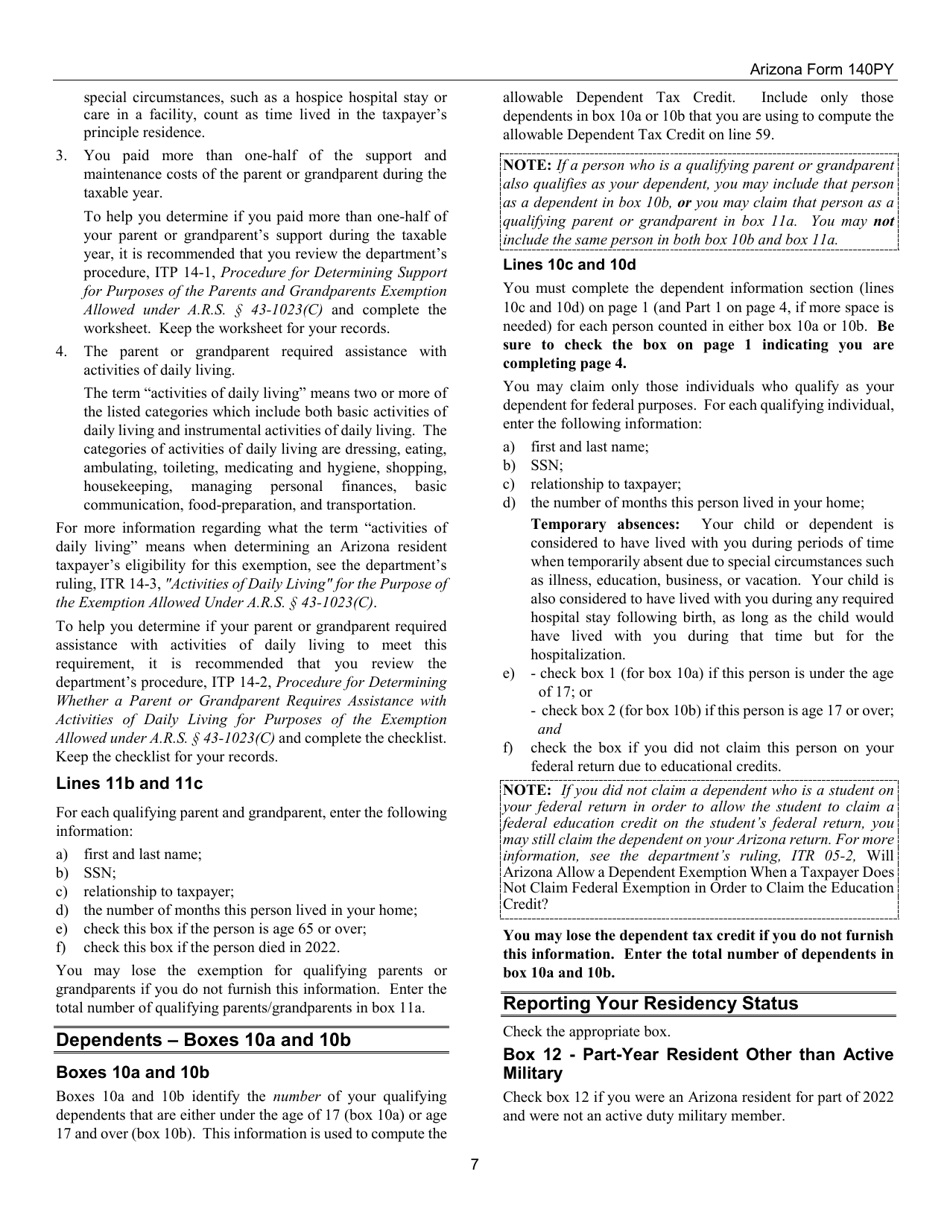 Instructions for Arizona Form 140PY, ADOR10149 Part-Year Resident Personal Income Tax Return - Arizona, Page 7