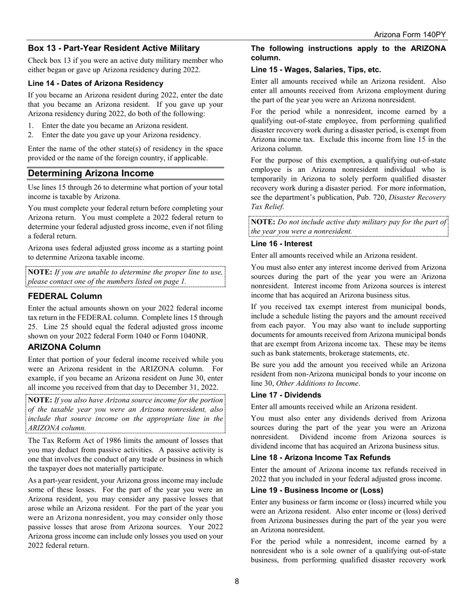 Instructions for Arizona Form 140PY, ADOR10149 Part-Year Resident Personal Income Tax Return - Arizona, Page 8
