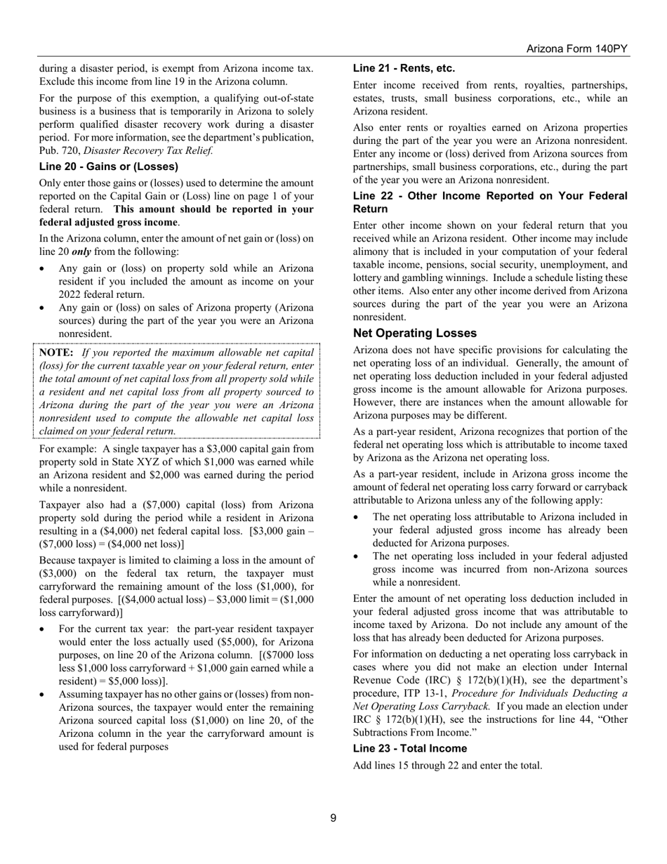 Instructions for Arizona Form 140PY, ADOR10149 Part-Year Resident Personal Income Tax Return - Arizona, Page 9