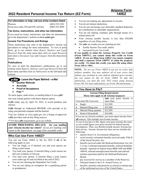 Instructions for Arizona Form 140EZ, ADOR10534 Resident Personal Income Tax (Ez Form) - Arizona, 2022