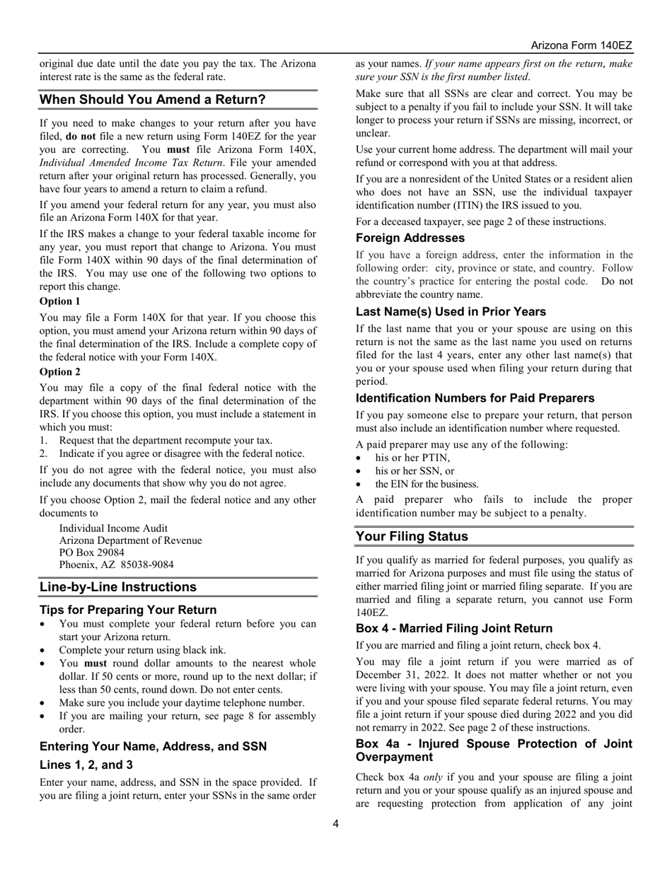 Instructions for Arizona Form 140EZ, ADOR10534 Resident Personal Income Tax (Ez Form) - Arizona, Page 4