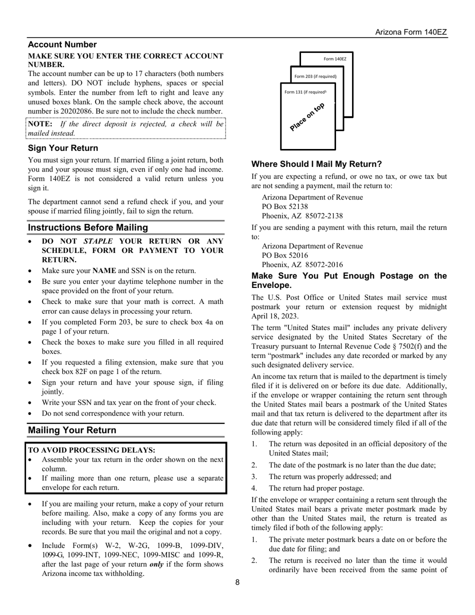 Instructions for Arizona Form 140EZ, ADOR10534 Resident Personal Income Tax (Ez Form) - Arizona, Page 8