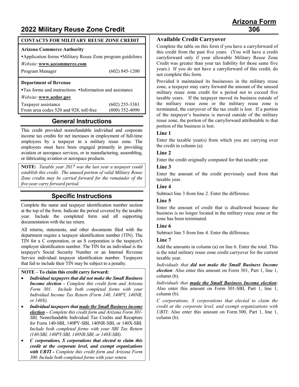 Instructions for Arizona Form 306, ADOR10133 Military Reuse Zone Credit - Arizona, Page 1