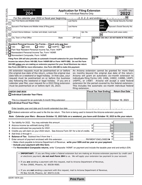 Arizona Form 204 (ADOR10576) Application for Filing Extension for Individual Returns Only - Arizona, 2022