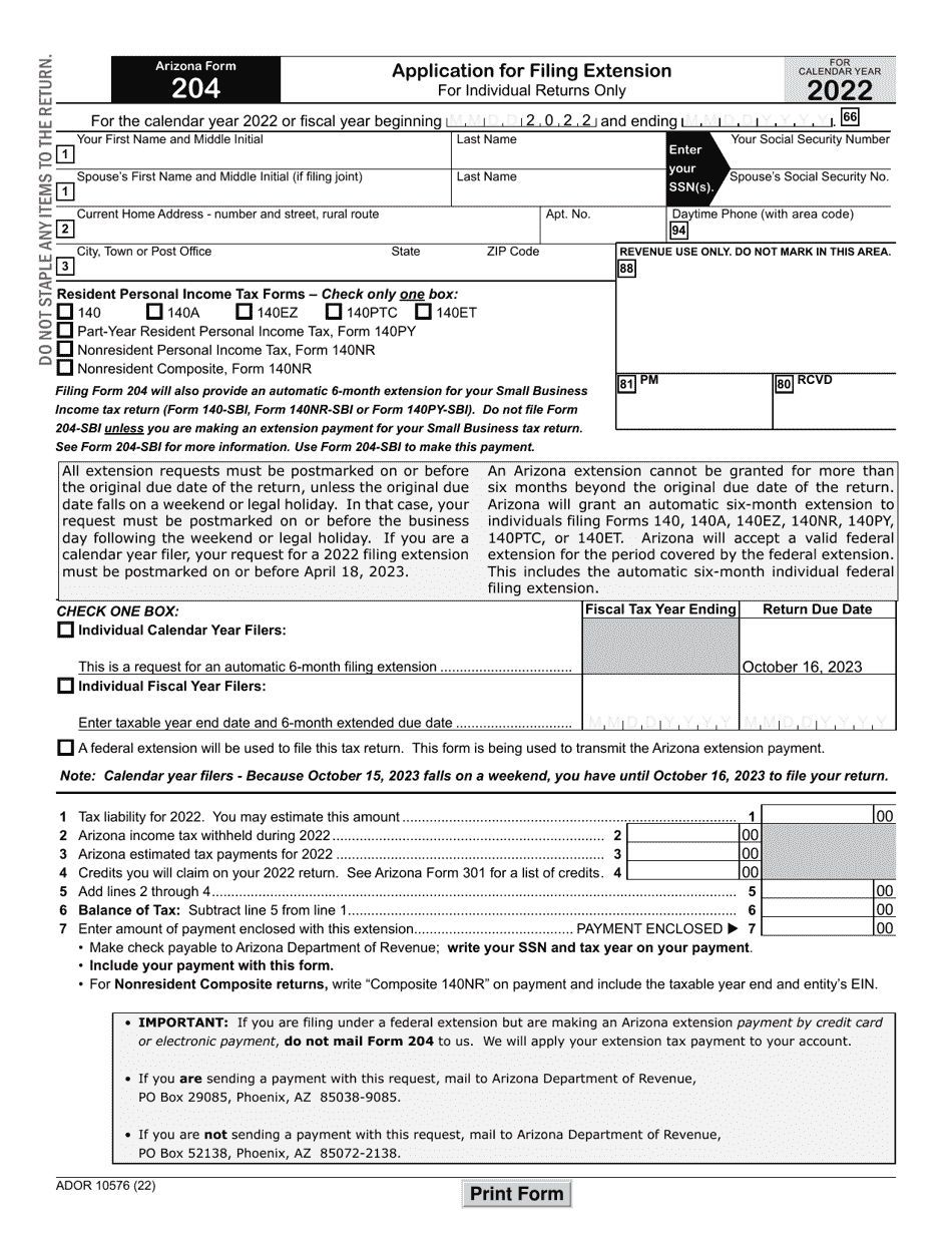 Arizona Form 204 (ADOR10576) Download Fillable PDF or Fill Online