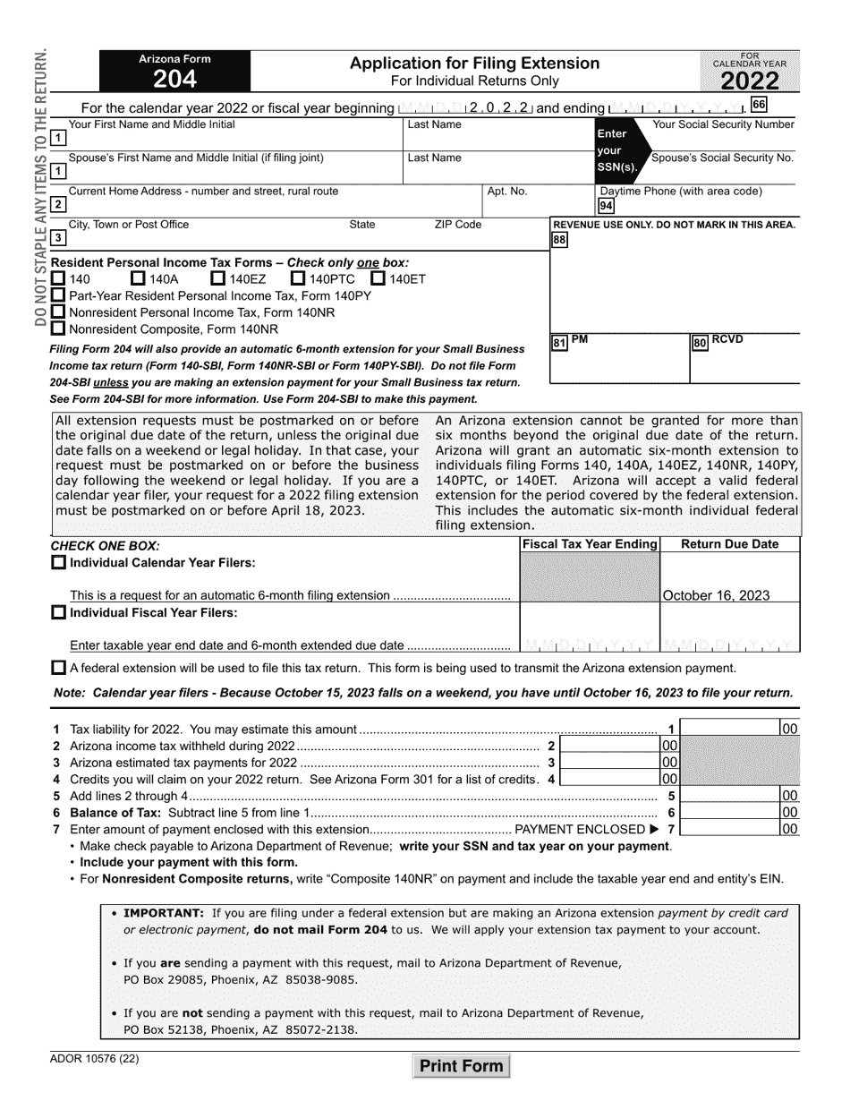 Arizona Form 204 (ADOR10576) Application for Filing Extension for Individual Returns Only - Arizona, Page 1