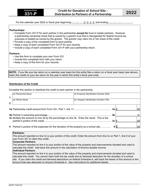 Arizona Form 331-P (ADOR11328) Credit for Donation of School Site - Distribution to Partners of a Partnership - Arizona, 2022