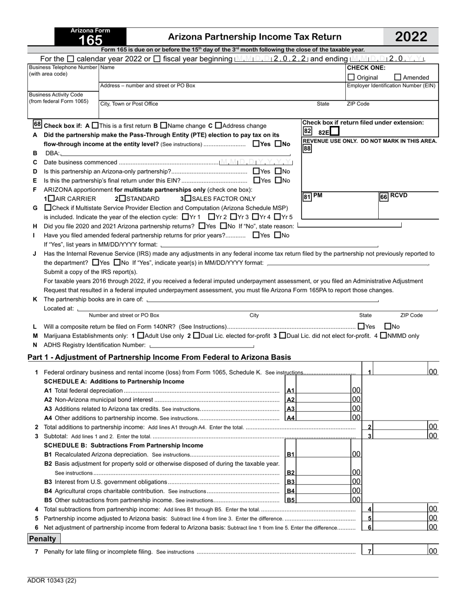 Arizona Form 165 (ADOR10343) Arizona Partnership Income Tax Return - Arizona, Page 1