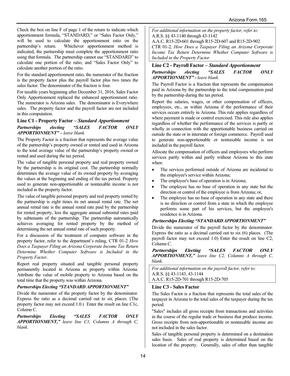 Instructions for Arizona Form 165, ADOR10343 Arizona Partnership Income Tax Return - Arizona, Page 14