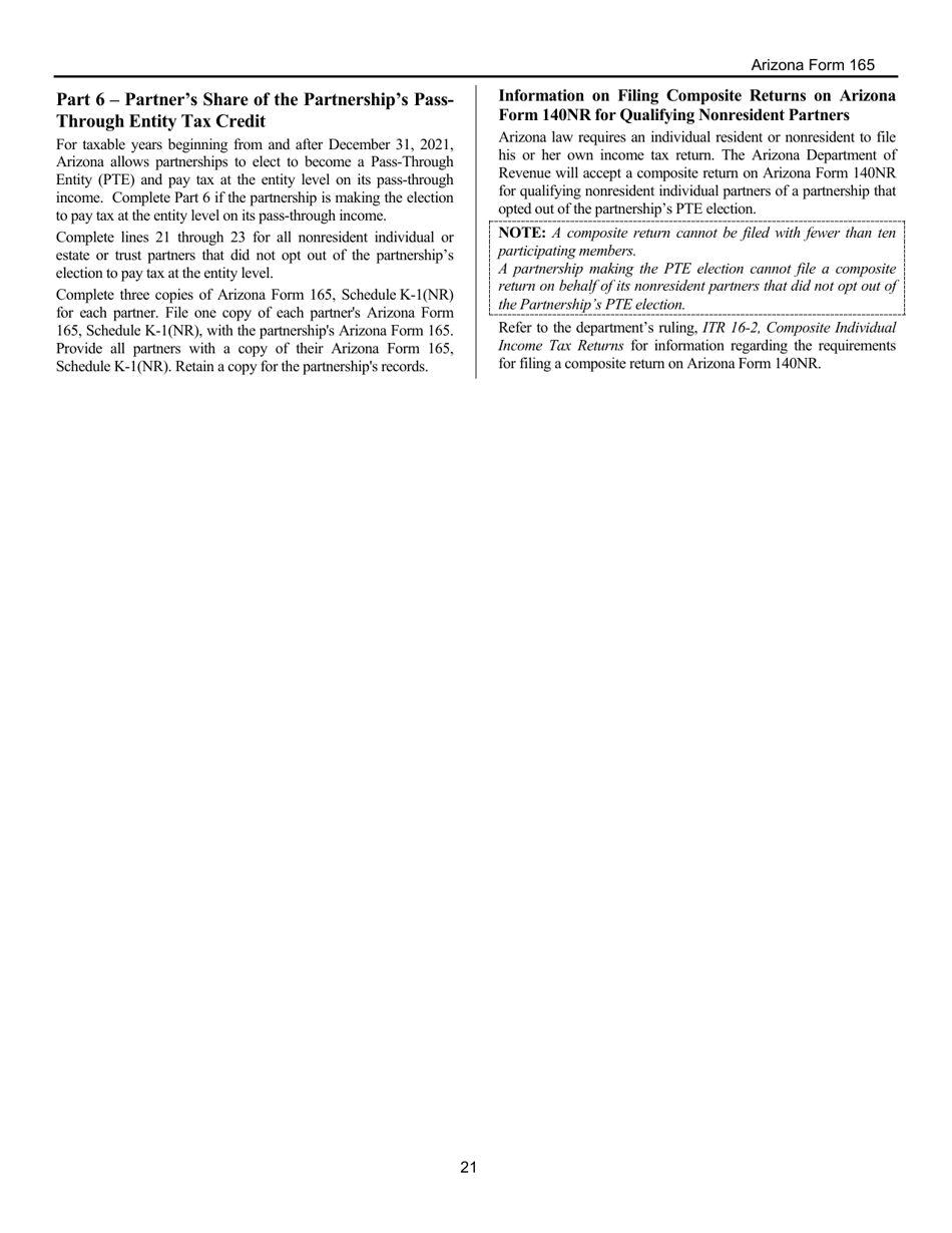 Instructions for Arizona Form 165, ADOR10343 Arizona Partnership Income Tax Return - Arizona, Page 21