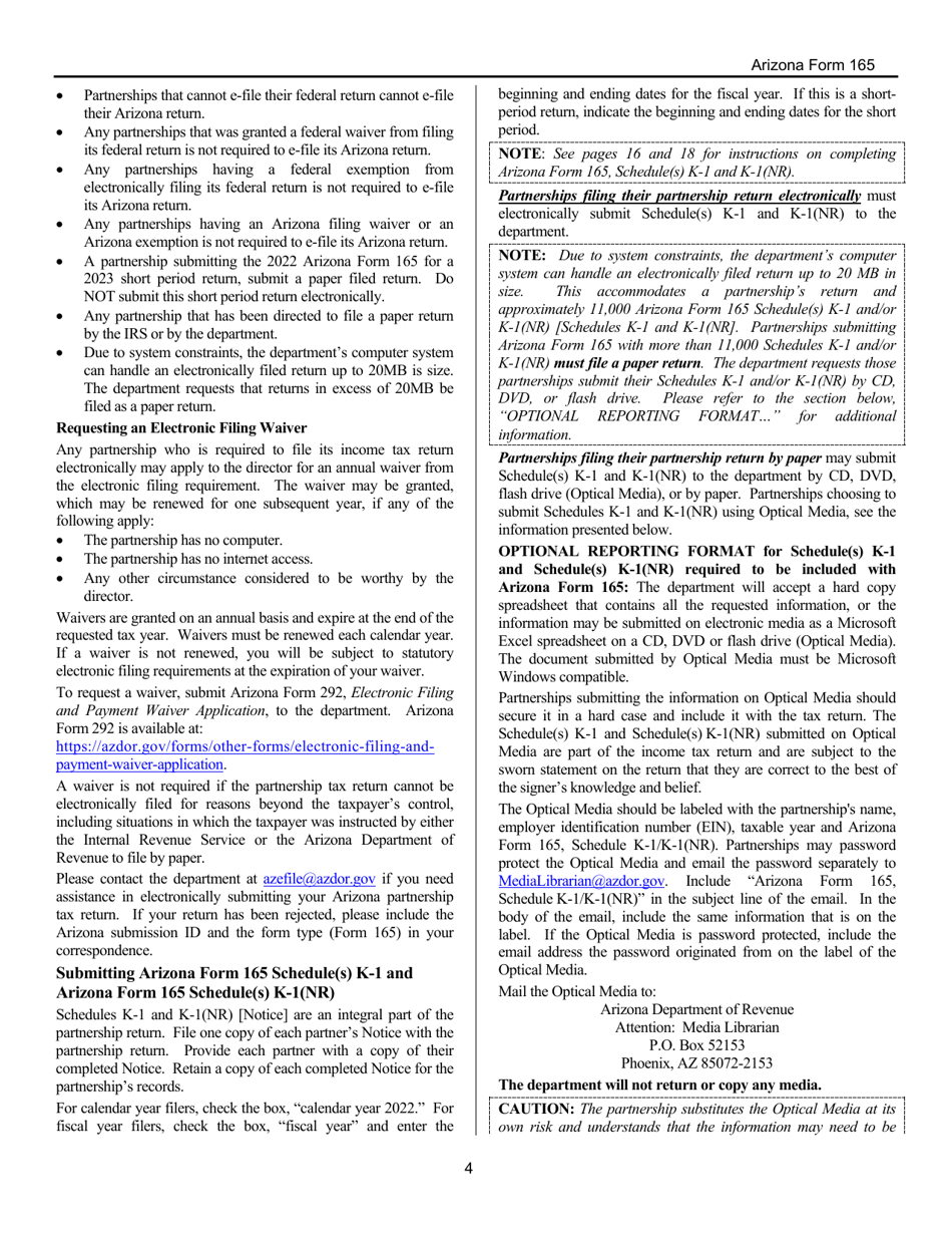 Instructions for Arizona Form 165, ADOR10343 Arizona Partnership Income Tax Return - Arizona, Page 4