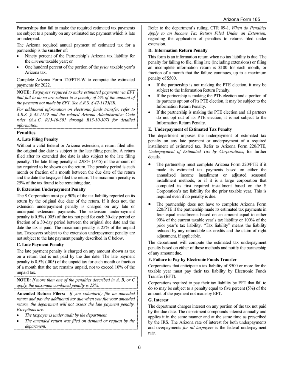 Instructions for Arizona Form 165, ADOR10343 Arizona Partnership Income Tax Return - Arizona, Page 6