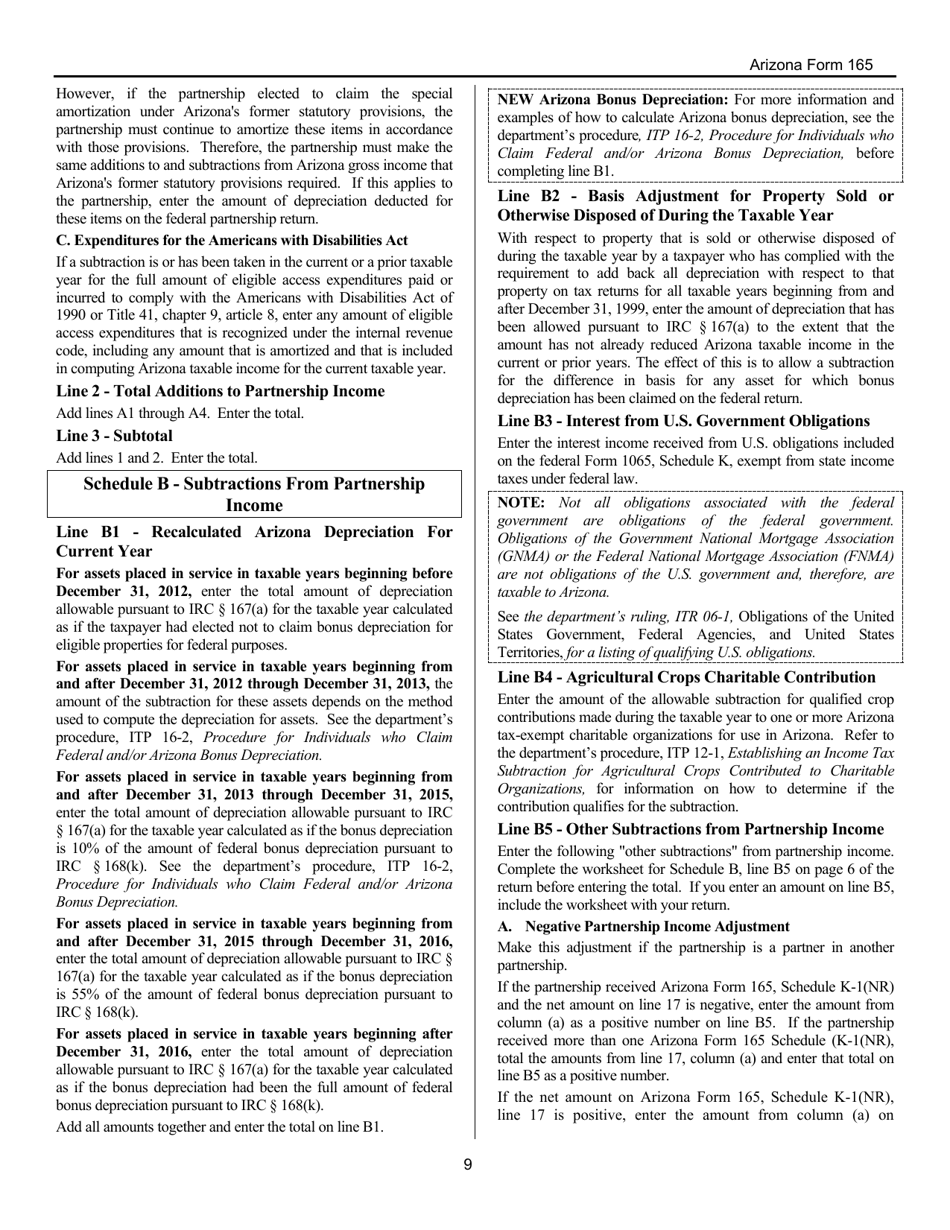 Instructions for Arizona Form 165, ADOR10343 Arizona Partnership Income Tax Return - Arizona, Page 9