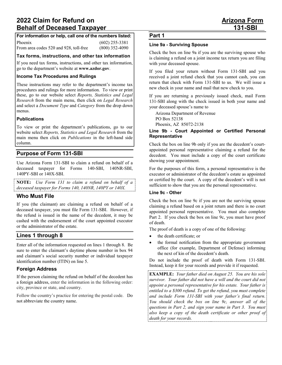 Download Instructions for Arizona Form 131SBI, ADOR11410 Claim for