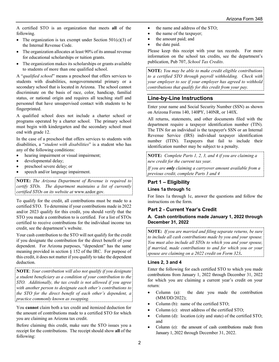 Instructions for Arizona Form 348, ADOR11178 Credit for Contributions to Certified School Tuition Organization - Individuals - Arizona, Page 2