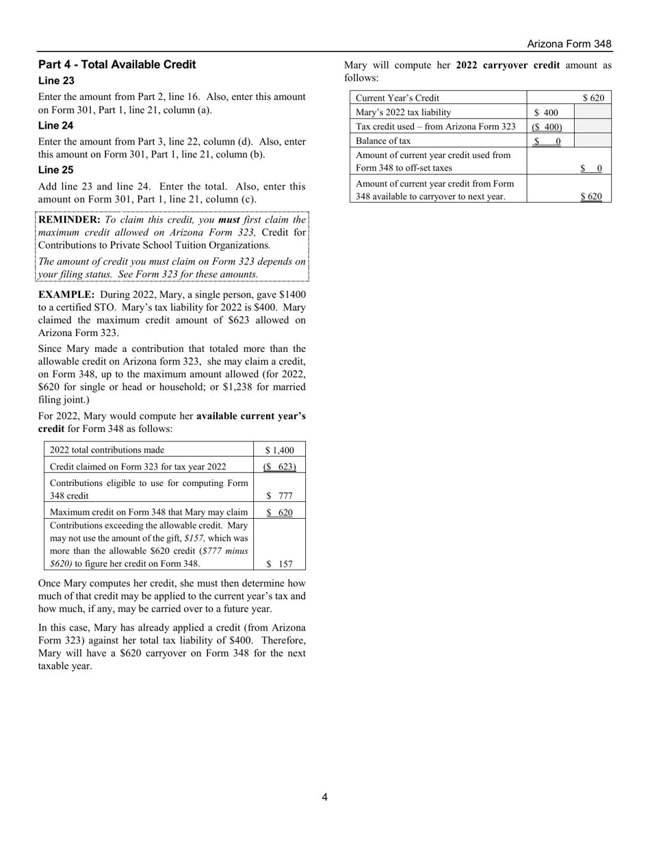 Instructions for Arizona Form 348, ADOR11178 Credit for Contributions to Certified School Tuition Organization - Individuals - Arizona, Page 4