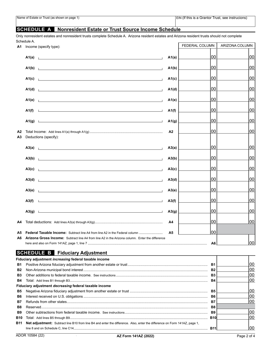 Arizona Form 141 Az Ador10584 Download Fillable Pdf Or Fill Online Arizona Fiduciary Income 0801