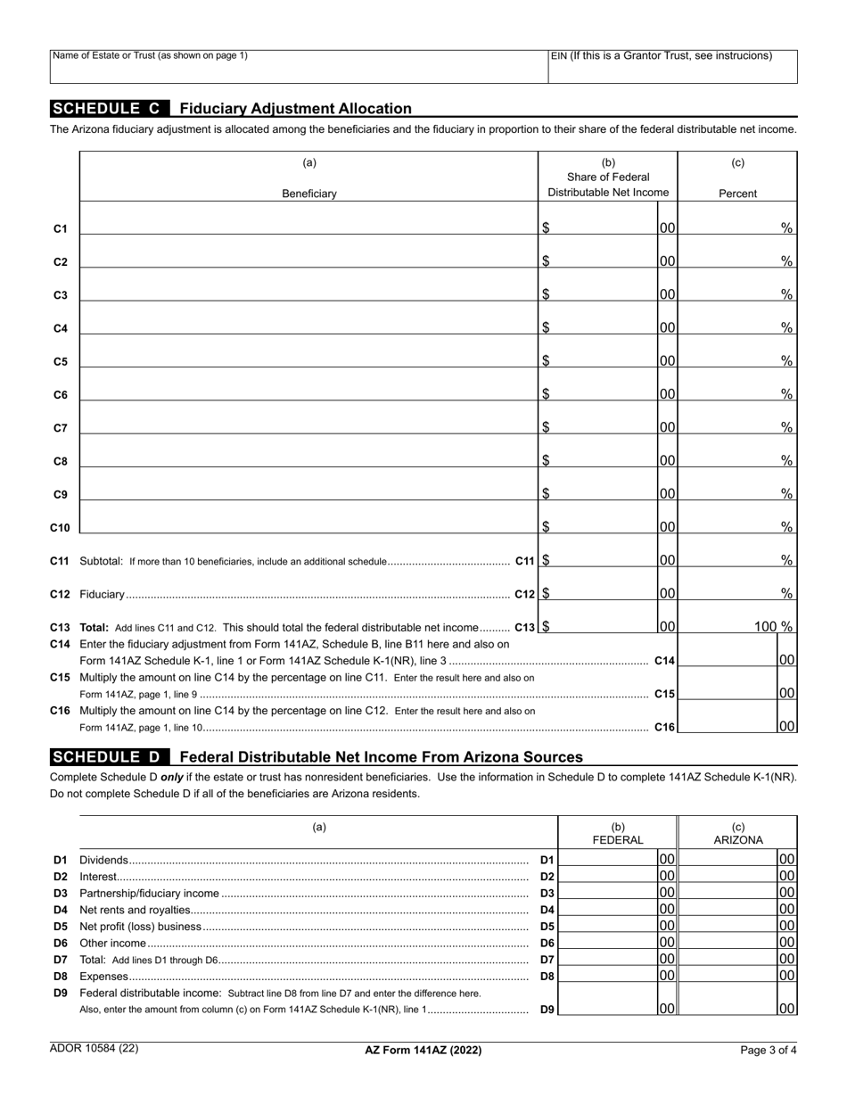 Arizona Form 141 AZ (ADOR10584) Arizona Fiduciary Income Tax Return - Arizona, Page 3