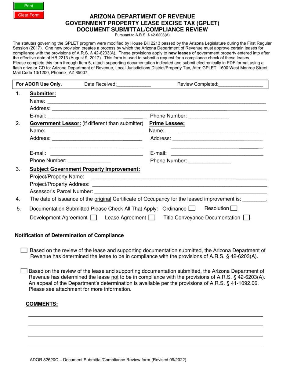 Form ADOR82620C Government Property Lease Excise Tax (Gplet) Document Submittal / Compliance Review - Arizona, Page 1
