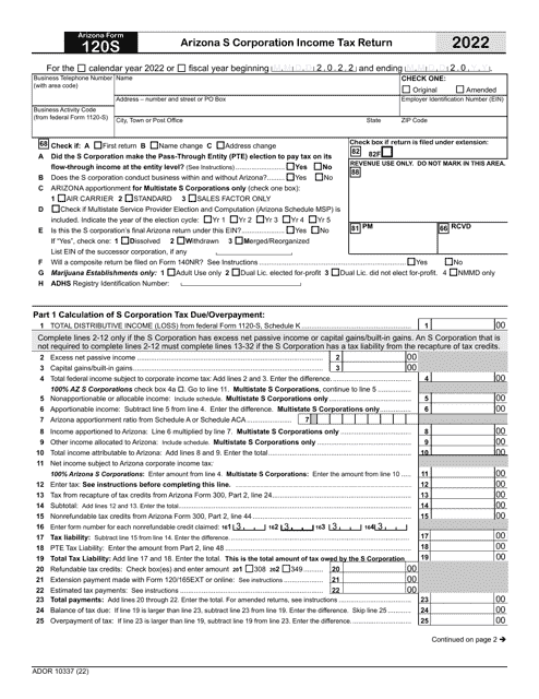 Arizona Form 120S (ADOR10337) Arizona S Corporation Income Tax Return - Arizona, 2022