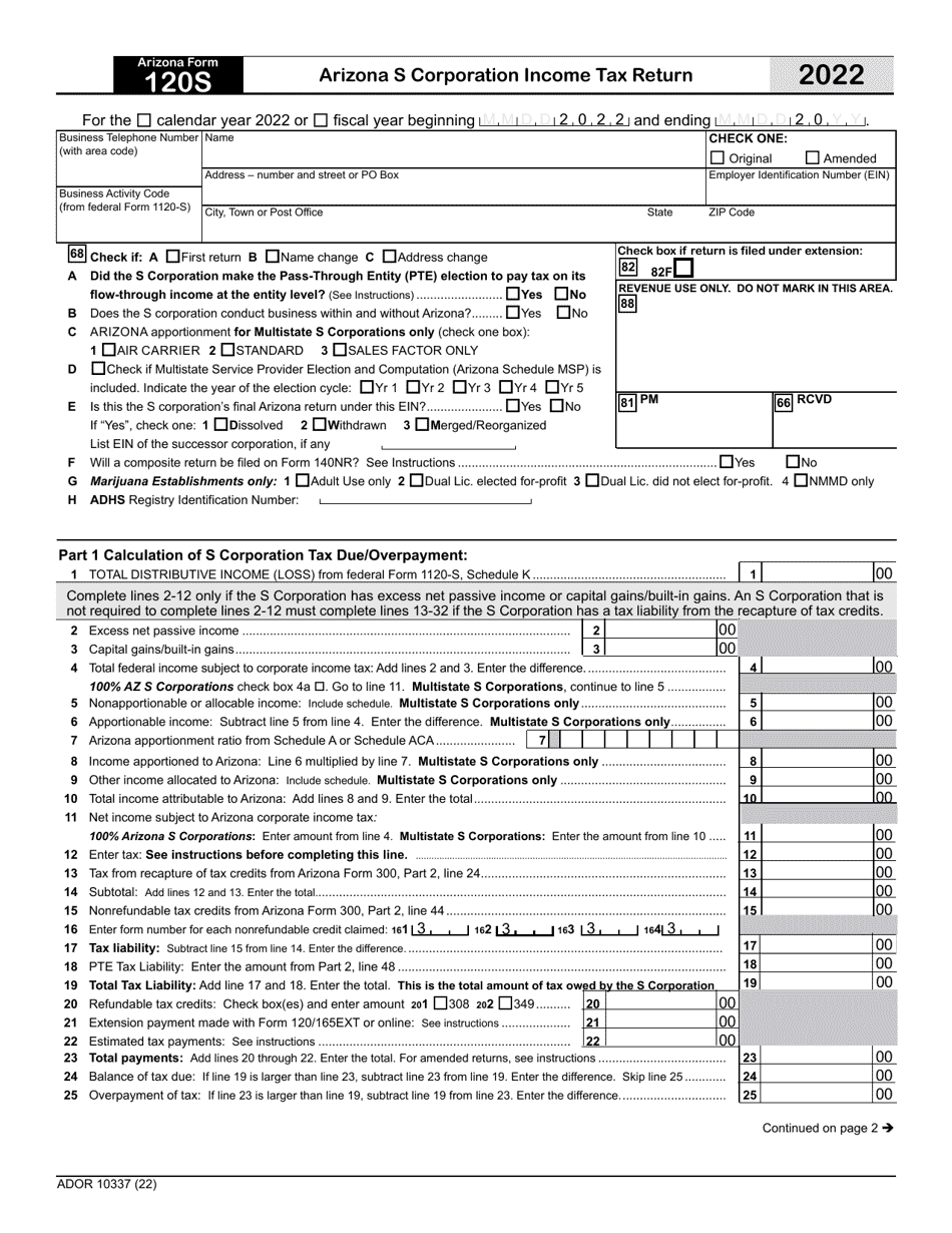 Arizona Form 120S (ADOR10337) Arizona S Corporation Income Tax Return - Arizona, Page 1