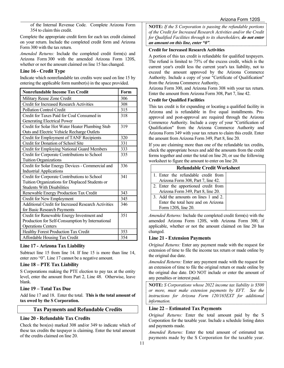 Download Instructions for Arizona Form 120S, ADOR10337 Arizona S