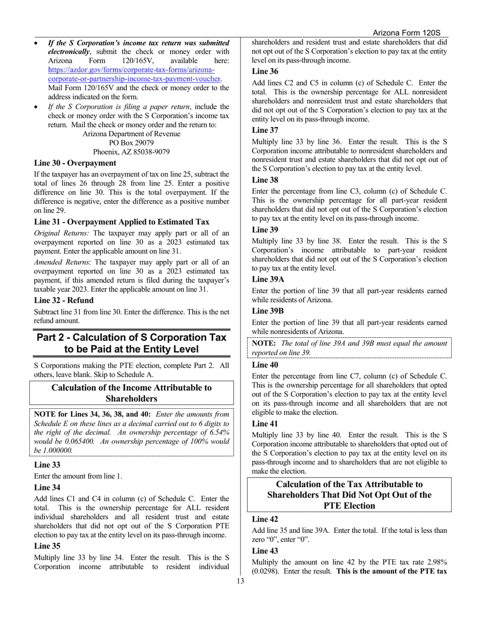 Download Instructions for Arizona Form 120S, ADOR10337 Arizona S