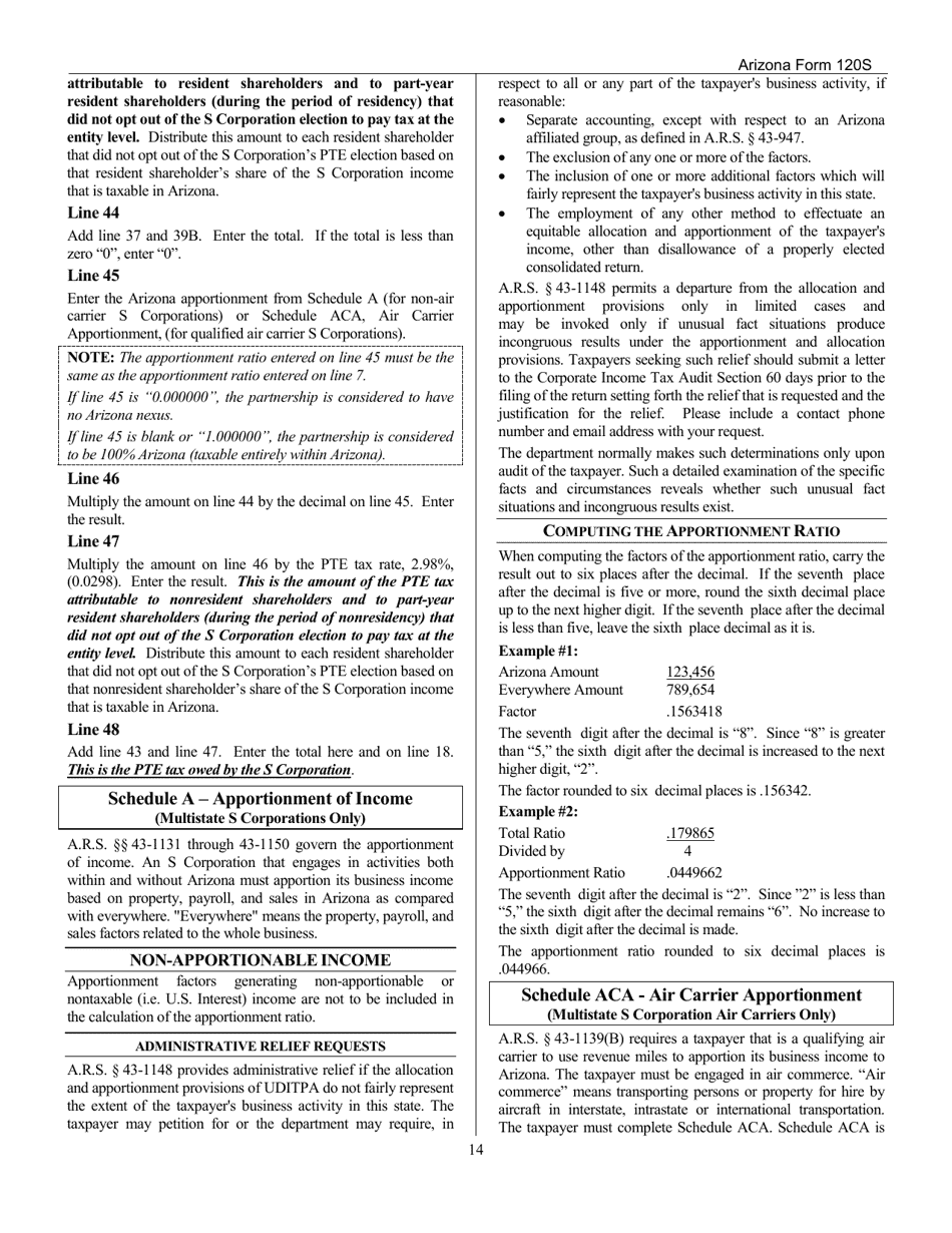 Download Instructions for Arizona Form 120S, ADOR10337 Arizona S