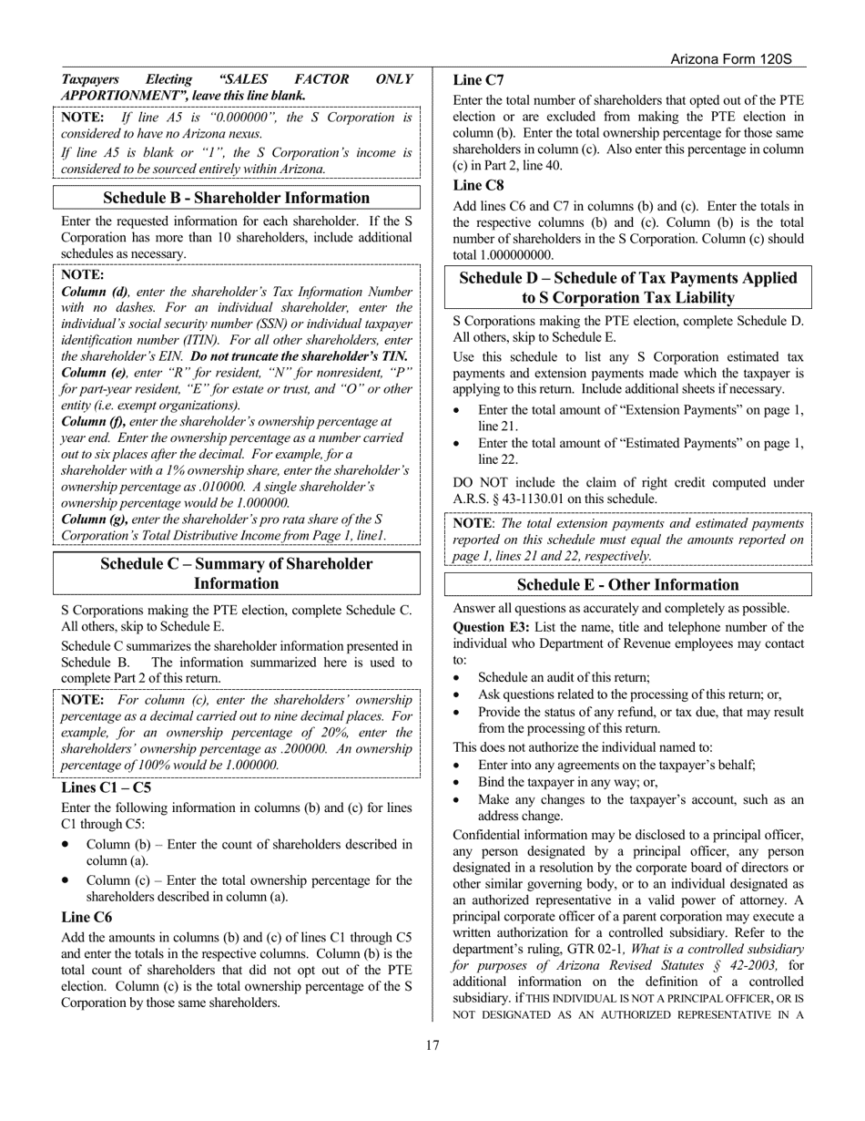 Download Instructions for Arizona Form 120S, ADOR10337 Arizona S