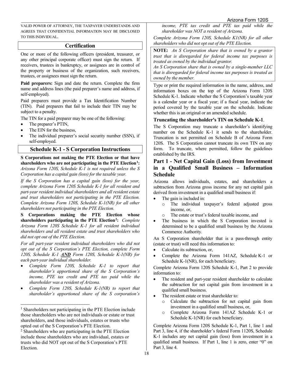 Download Instructions for Arizona Form 120S, ADOR10337 Arizona S